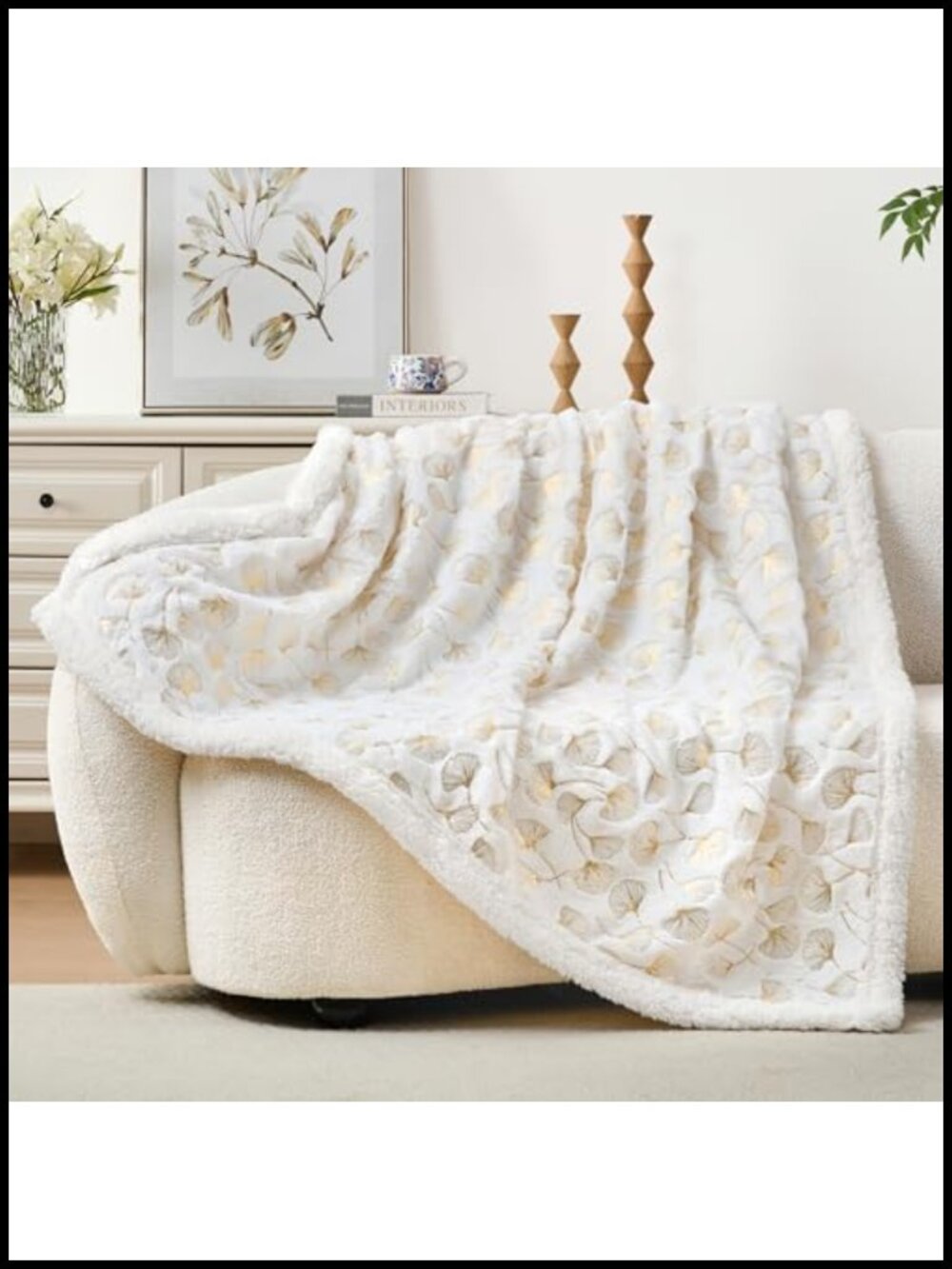 Gold Foil Ginkgo Leaf Sherpa Fleece Reversible Throw Blanket